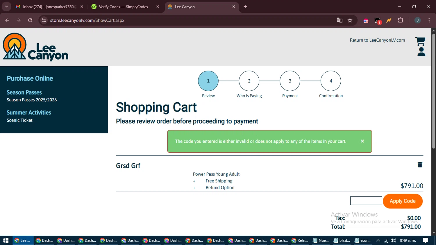 Lee Canyon promo code screenshot showing code $10RESORTCREDIT applied at Lee Canyon checkout page. Uploaded by SimplyCodes community member ScanLynx8928 on May 3, 2025