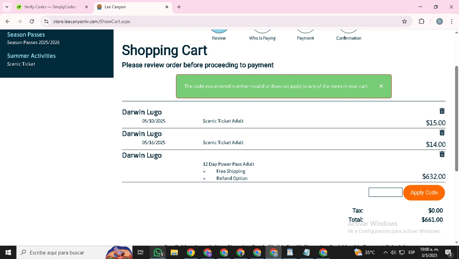 Lee Canyon promo code screenshot showing code $10RESORTCREDIT applied at Lee Canyon checkout page. Uploaded by SimplyCodes community member NobleCollector8318 on May 3, 2025
