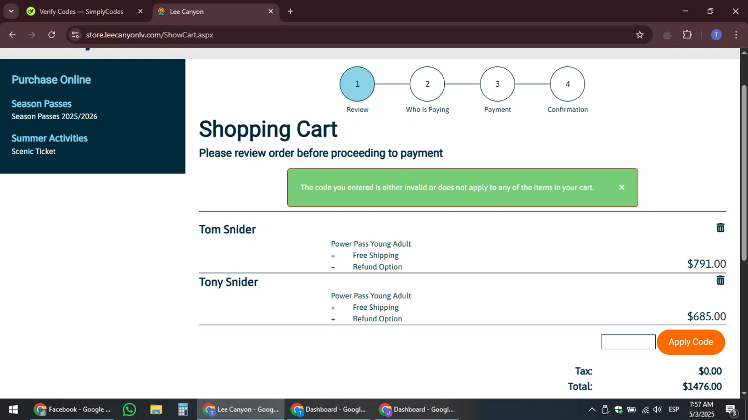 Lee Canyon promo code screenshot showing code $10RESORTCREDIT applied at Lee Canyon checkout page. Uploaded by SimplyCodes community member snidertom8 on May 3, 2025