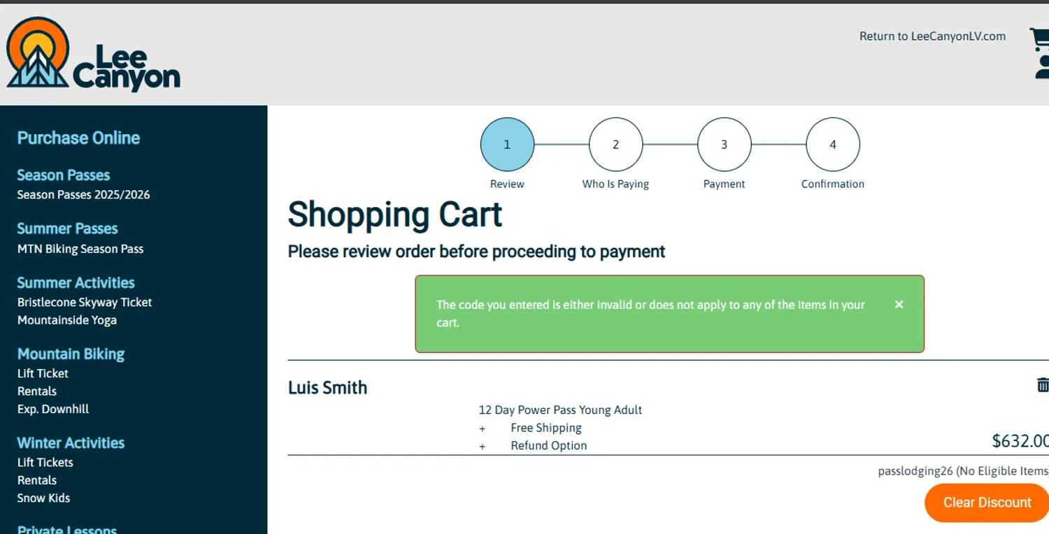 Lee Canyon checkout page showing Lee Canyon promo code box | Screenshot taken by SimplyCodes community member on Oct 22, 2025