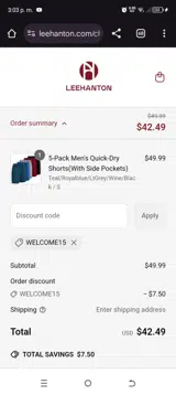 WELCOME15 coupon verification screenshot