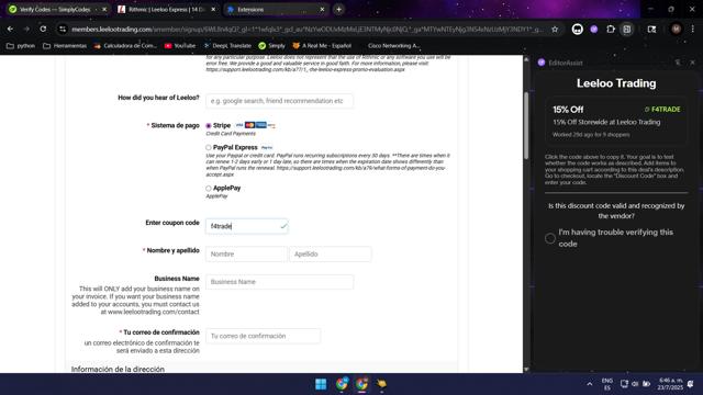 Leeloo Trading checkout page showing Leeloo Trading discount code box | Screenshot taken by SimplyCodes community member on Jul 23, 2025