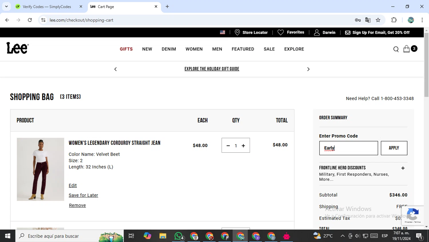where to use Lee Jeans promo code box