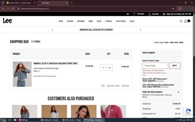 Lee US checkout page showing Lee US promo code box | Screenshot taken by SimplyCodes community member on Sep 4, 2025