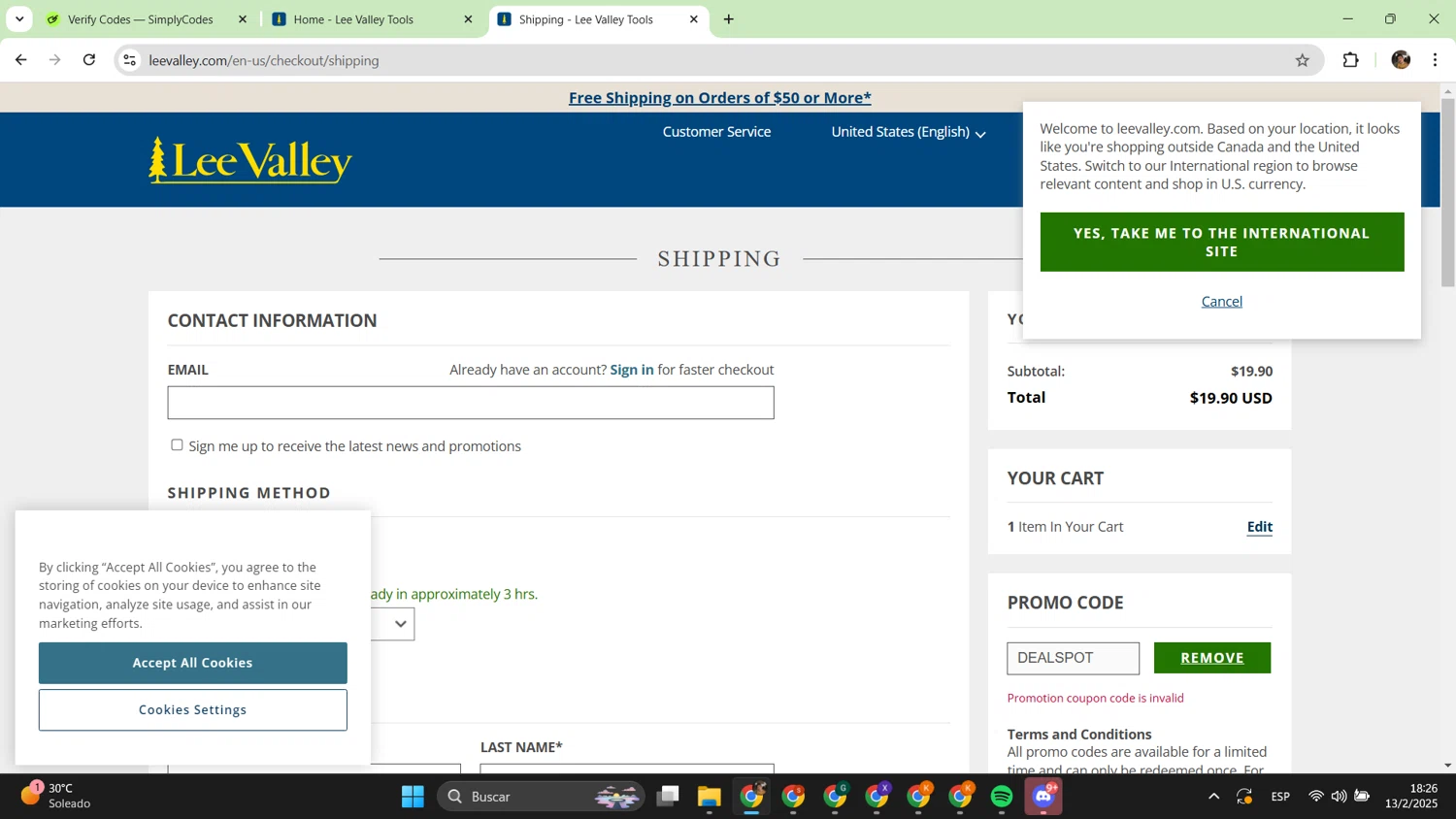 Lee Valley Tools promo code screenshot showing code DEALSPOT applied at Lee Valley Tools checkout page. Uploaded by SimplyCodes community member alfredish on Feb 13, 2025