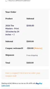 WELCOME10 coupon verification screenshot