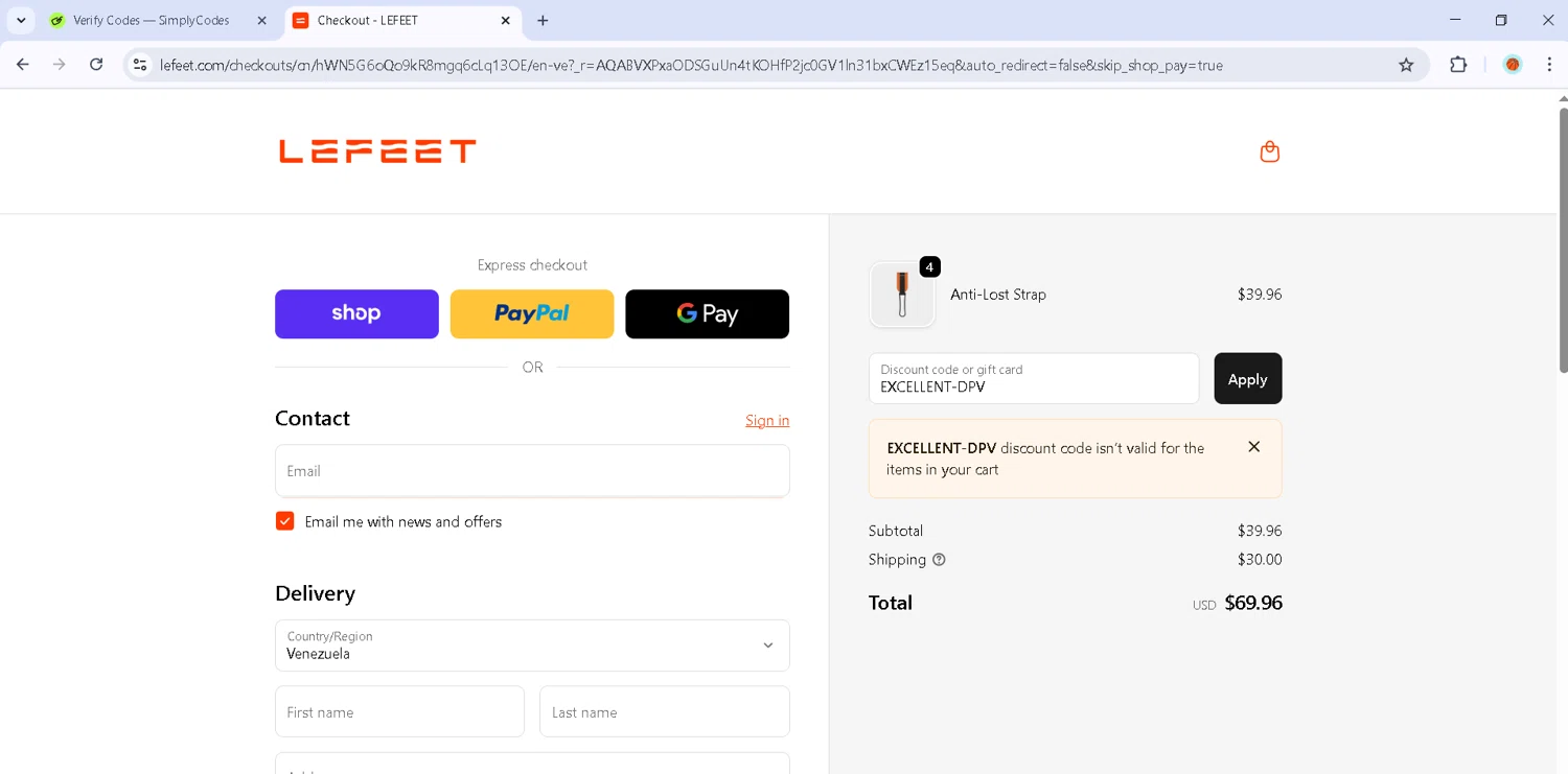 Lefeet coupon code screenshot showing code EXCELLENT-DPV applied at Lefeet checkout page. Uploaded by SimplyCodes community member Estefani4 on Nov 13, 2025