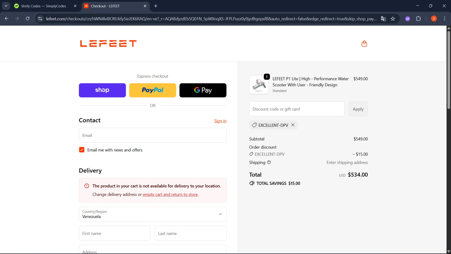 Lefeet coupon code screenshot showing code EXCELLENT-DPV applied at Lefeet checkout page. Uploaded by SimplyCodes community member GoldChaser2970 on Nov 1, 2025