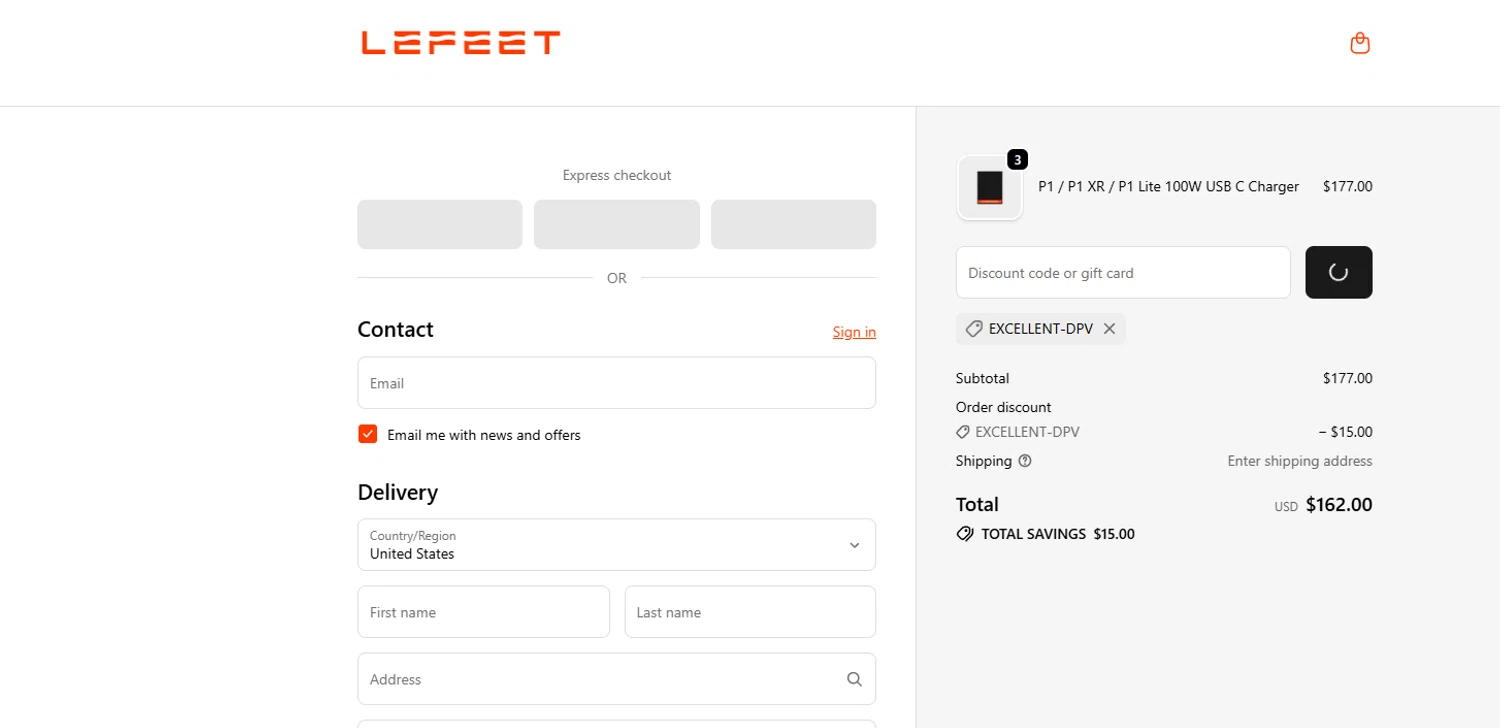 Lefeet coupon code screenshot showing code EXCELLENT-DPV applied at Lefeet checkout page. Uploaded by SimplyCodes community member leonardocamacho2 on Dec 22, 2025