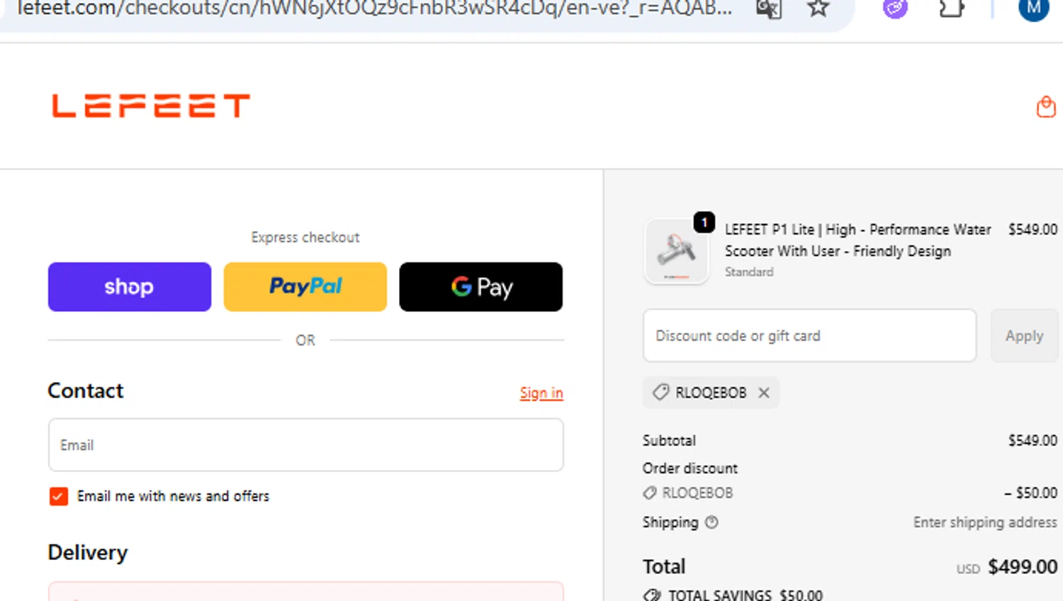 Lefeet coupon code screenshot showing code RLOQEBOB applied at Lefeet checkout page. Uploaded by SimplyCodes community member PennyOwl2559 on Dec 22, 2025