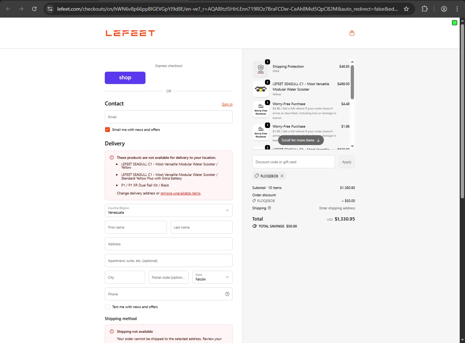 Lefeet coupon code screenshot showing code RLOQEBOB applied at Lefeet checkout page. Uploaded by SimplyCodes community member RINITOSHI on Dec 27, 2025
