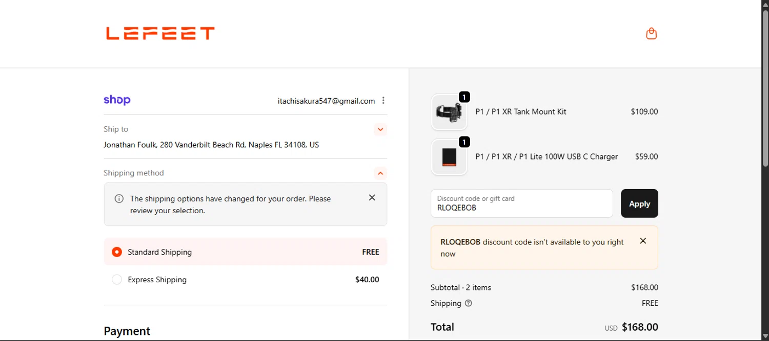 Lefeet coupon code screenshot showing code RLOQEBOB applied at Lefeet checkout page. Uploaded by SimplyCodes community member noworries on Dec 27, 2025