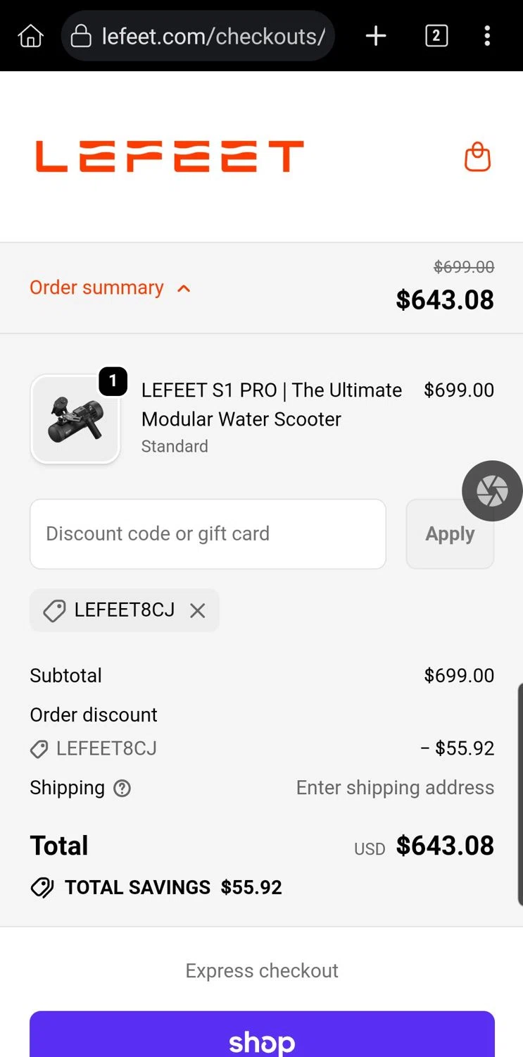 Lefeet coupon code screenshot showing code LEFEET8CJ applied at Lefeet checkout page. Uploaded by SimplyCodes community member Carloslvz on Dec 13, 2025
