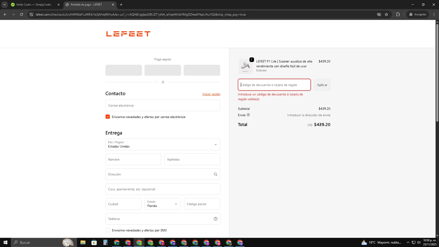 Lefeet coupon code screenshot showing code LEFEET8CJ applied at Lefeet checkout page. Uploaded by SimplyCodes community member SUZUKIV on Nov 24, 2025