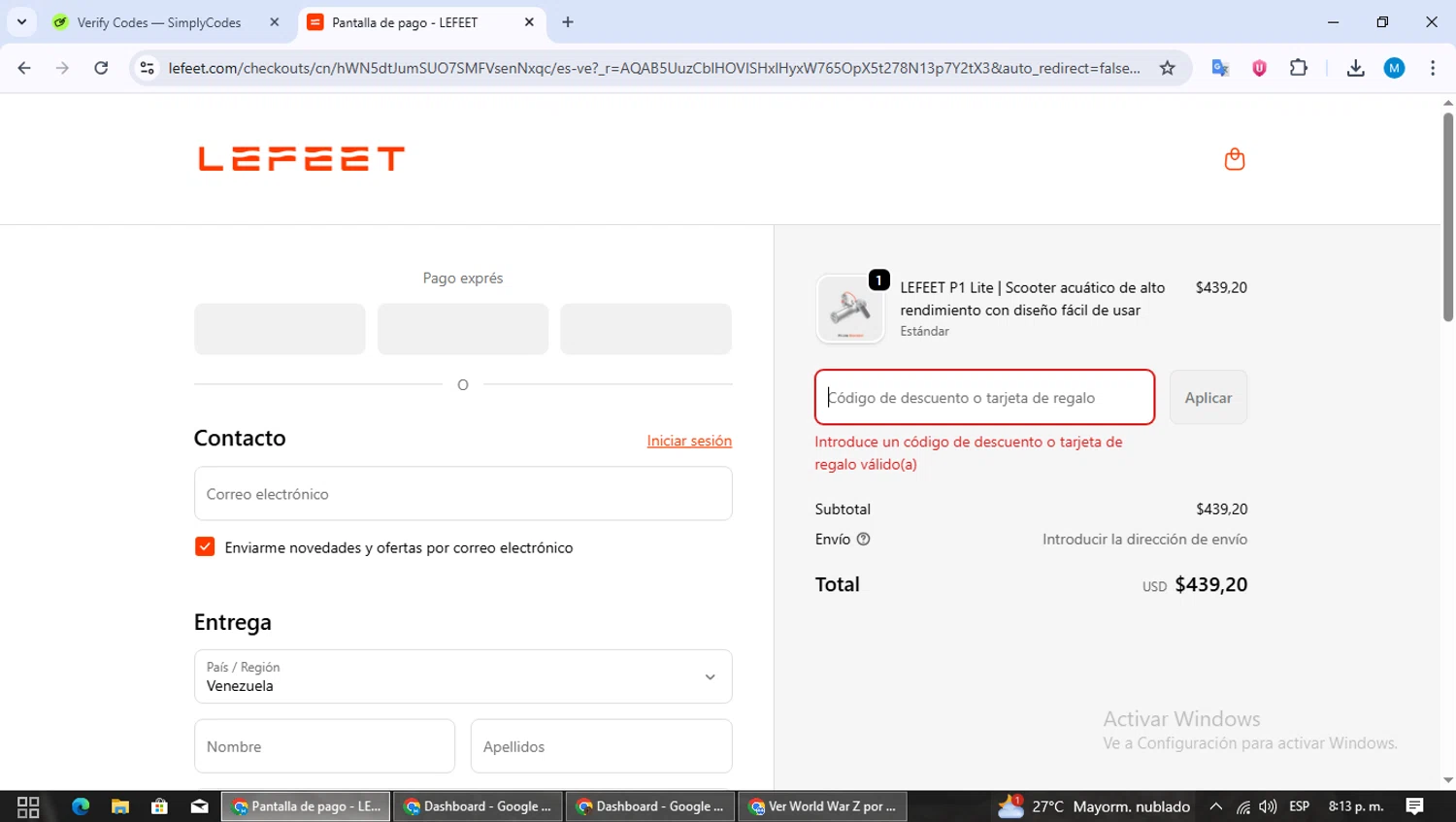 Lefeet coupon code screenshot showing code KWWMP1 applied at Lefeet checkout page. Uploaded by SimplyCodes community member MoneyPioneer4925 on Nov 24, 2025
