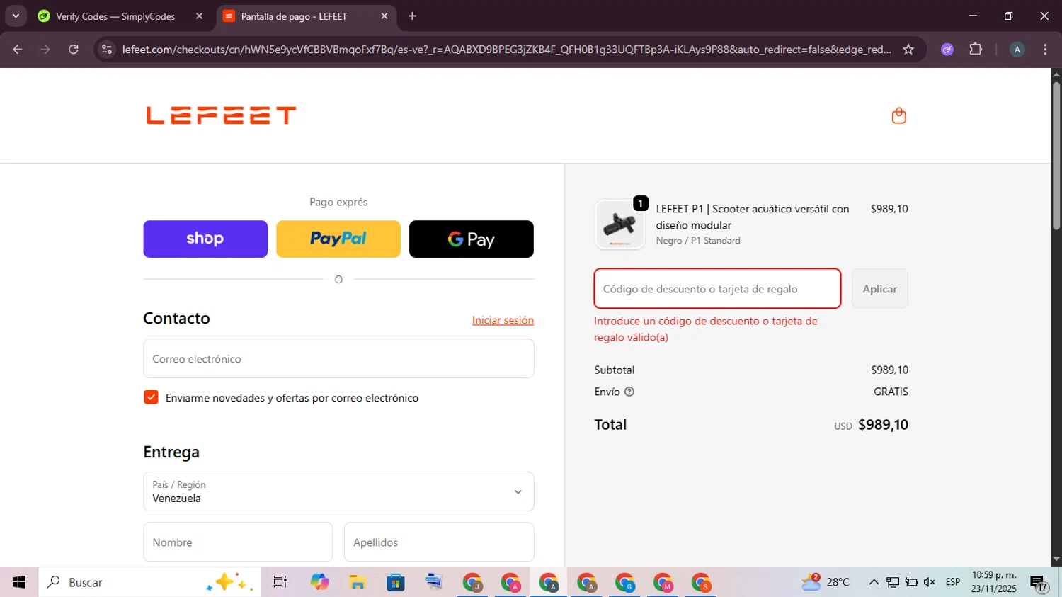 Lefeet coupon code screenshot showing code KWWMP1 applied at Lefeet checkout page. Uploaded by SimplyCodes community member ScanSpotter8851 on Nov 24, 2025