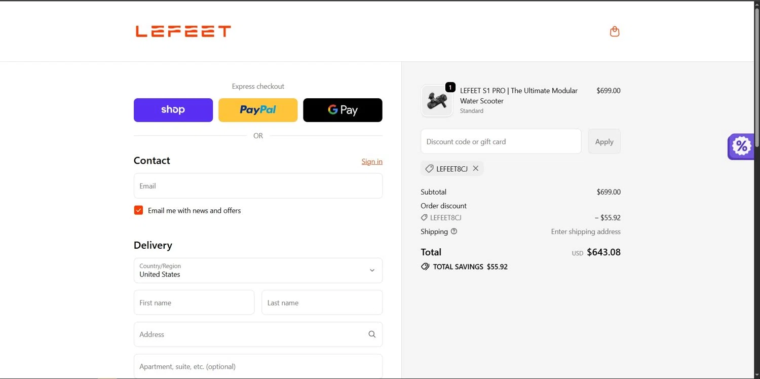 Lefeet coupon code screenshot showing code LEFEET8CJ applied at Lefeet checkout page. Uploaded by SimplyCodes community member Depressive on Dec 13, 2025