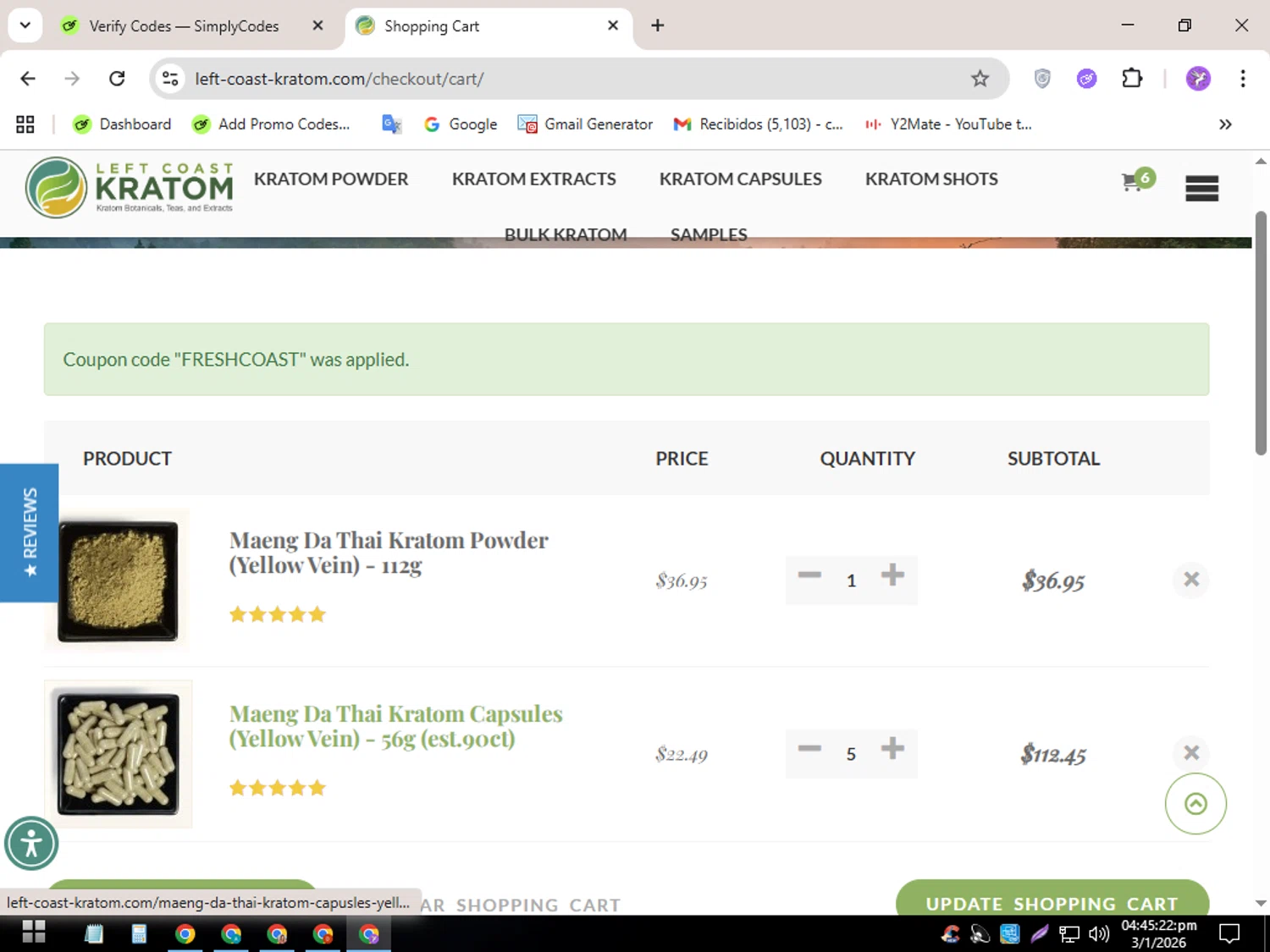 Left Coast Kratom promo code screenshot showing code FRESHCOAST applied at Left Coast Kratom checkout page. Uploaded by SimplyCodes community member CouponSentinel5832 on Jan 3, 2026