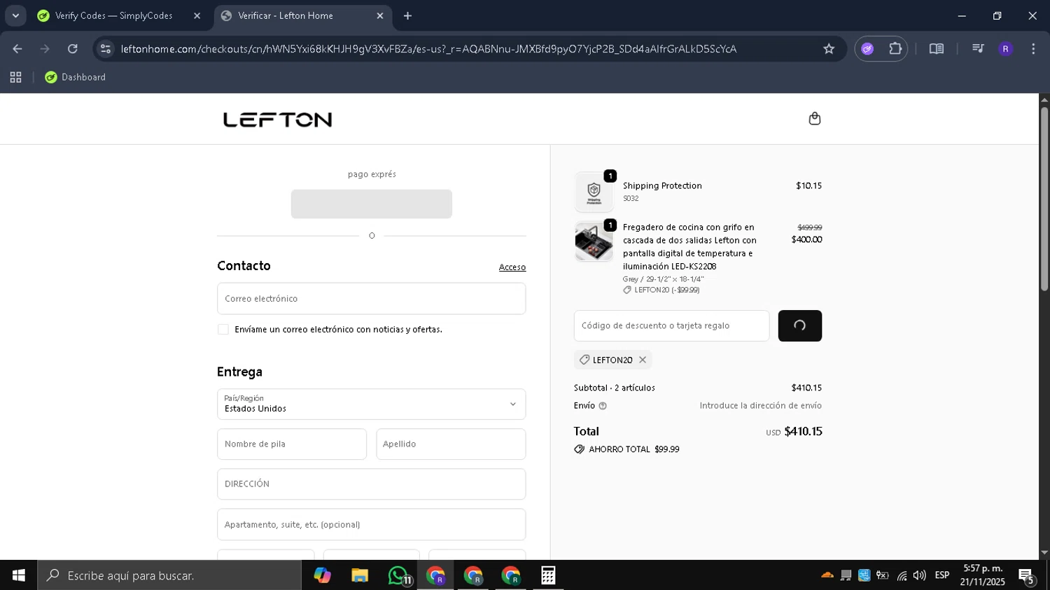 Lefton discount code screenshot showing code lefton20 applied at Lefton checkout page. Uploaded by SimplyCodes community member Mykeusername on Nov 21, 2025
