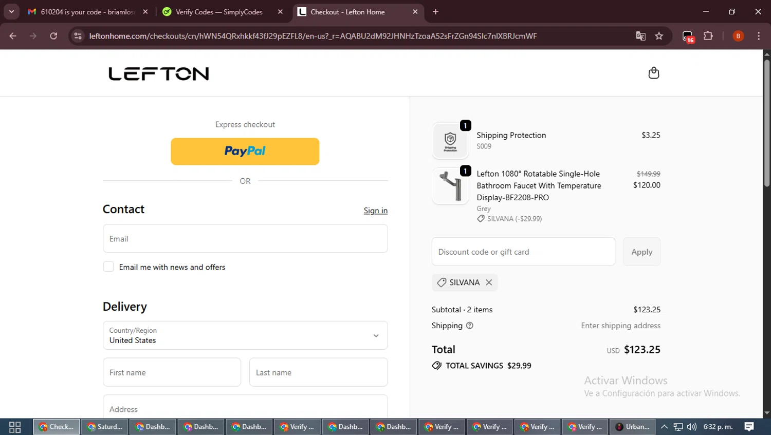 Lefton discount code screenshot showing code Silvana applied at Lefton checkout page. Uploaded by SimplyCodes community member DiscountExpert6435 on Nov 8, 2025