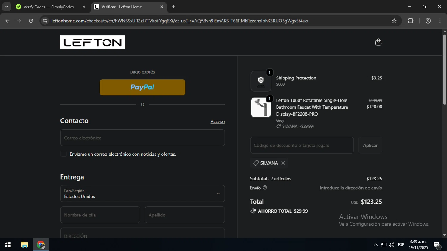 Lefton discount code screenshot showing code Silvana applied at Lefton checkout page. Uploaded by SimplyCodes community member SavingsMaven1223 on Nov 19, 2025