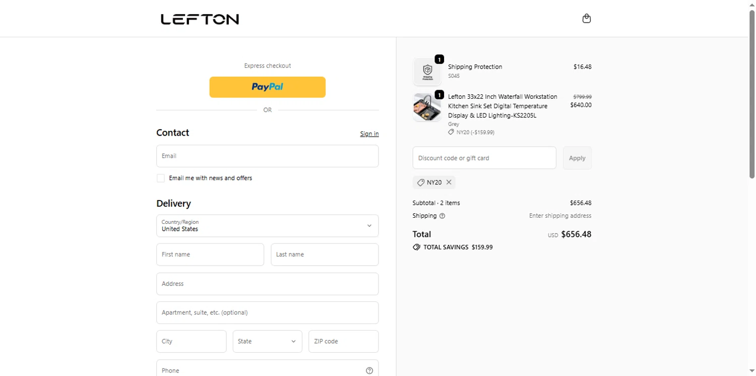 Lefton checkout page showing Lefton discount code box | Screenshot taken by SimplyCodes community member on Jan 7, 2026