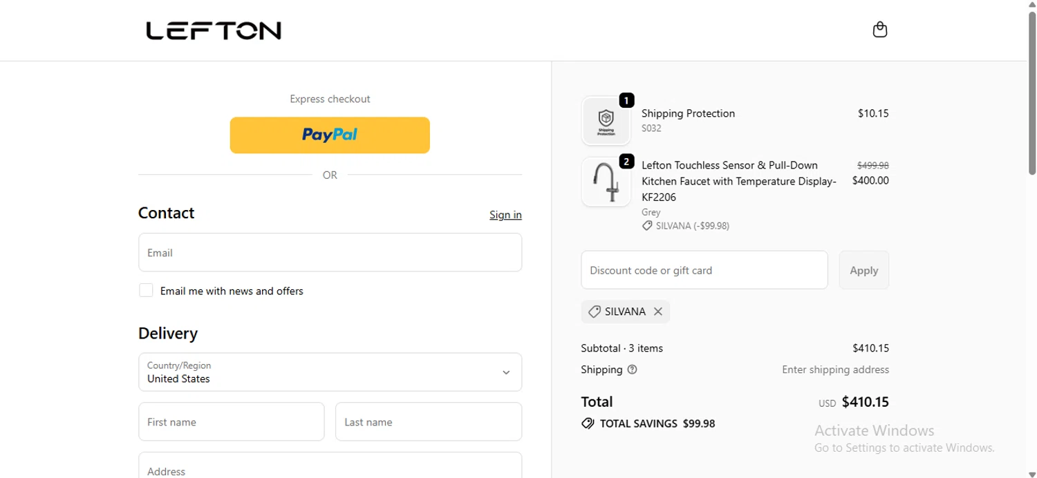Lefton discount code screenshot showing code Silvana applied at Lefton checkout page. Uploaded by SimplyCodes community member anosesmith on Oct 17, 2025