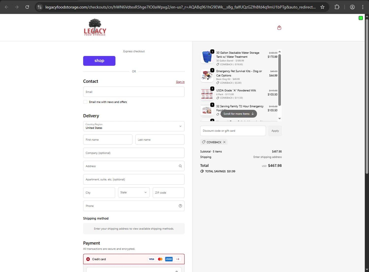 Legacy Food Storage promo code screenshot showing code COMEBACK applied at Legacy Food Storage checkout page. Uploaded by SimplyCodes community member fiadaz on Dec 16, 2025