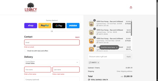 Legacy Food Storage checkout page showing Legacy Food Storage promo code box | Screenshot taken by SimplyCodes community member on Sep 4, 2025