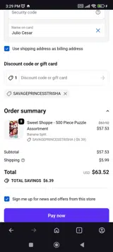 SAVAGEPRINCESSTRISHA coupon verification screenshot