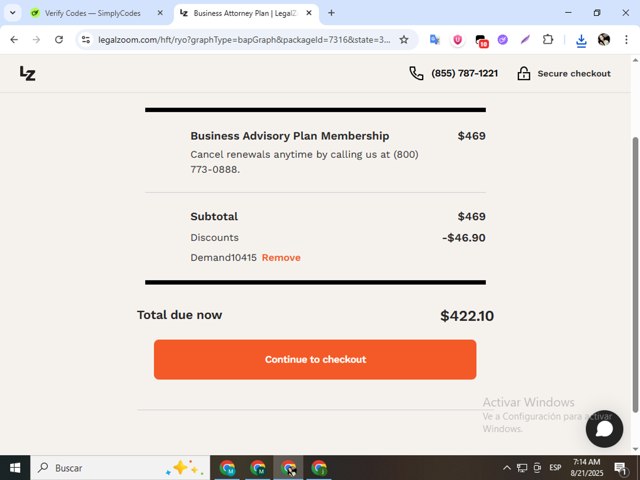 LegalZoom checkout page showing LegalZoom promo code box | Screenshot taken by SimplyCodes community member on Aug 21, 2025