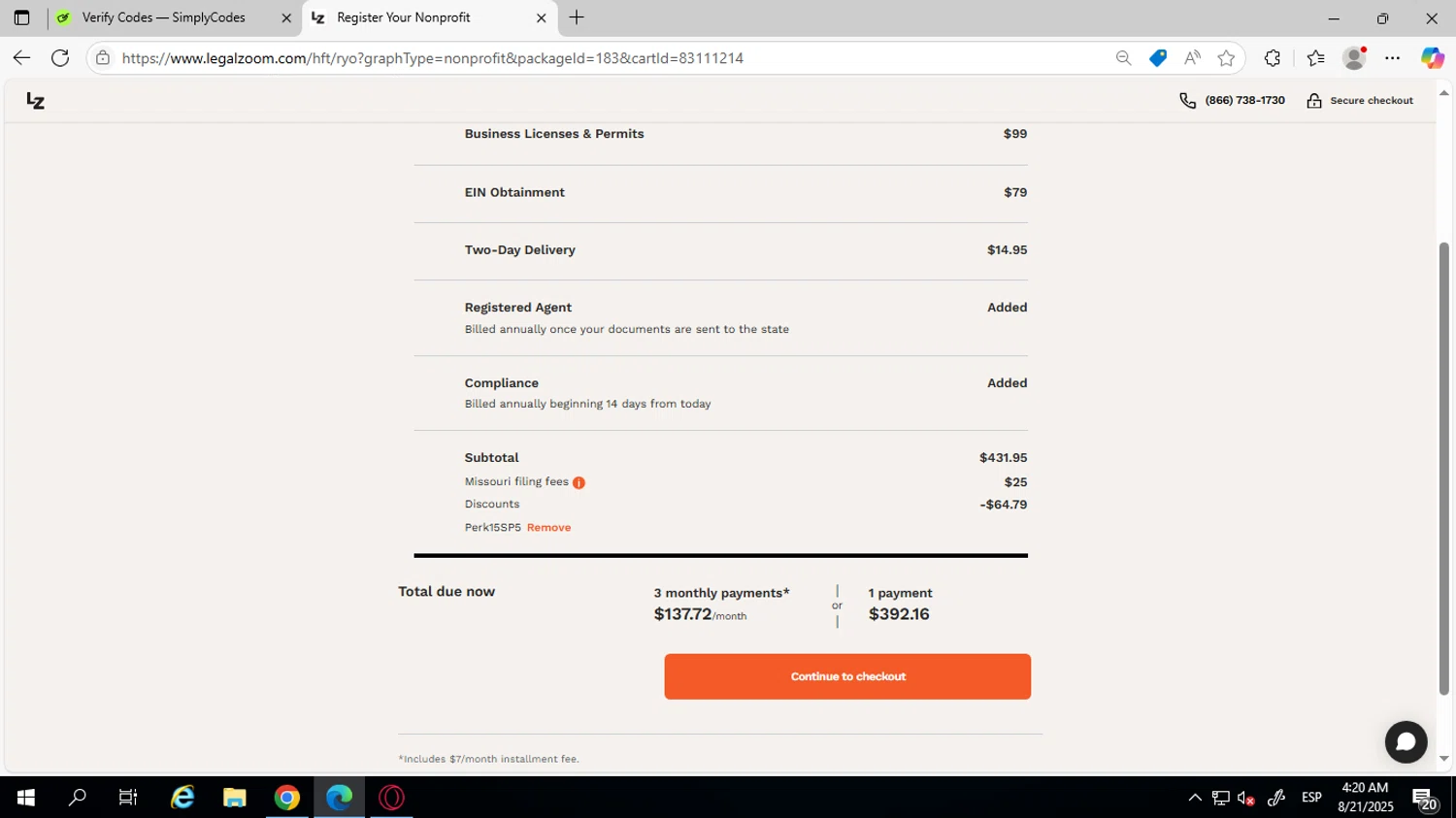LegalZoom promo code screenshot showing code PERK15SP5 applied at LegalZoom checkout page. Uploaded by SimplyCodes community member SilverVirtuoso7221 on Aug 21, 2025