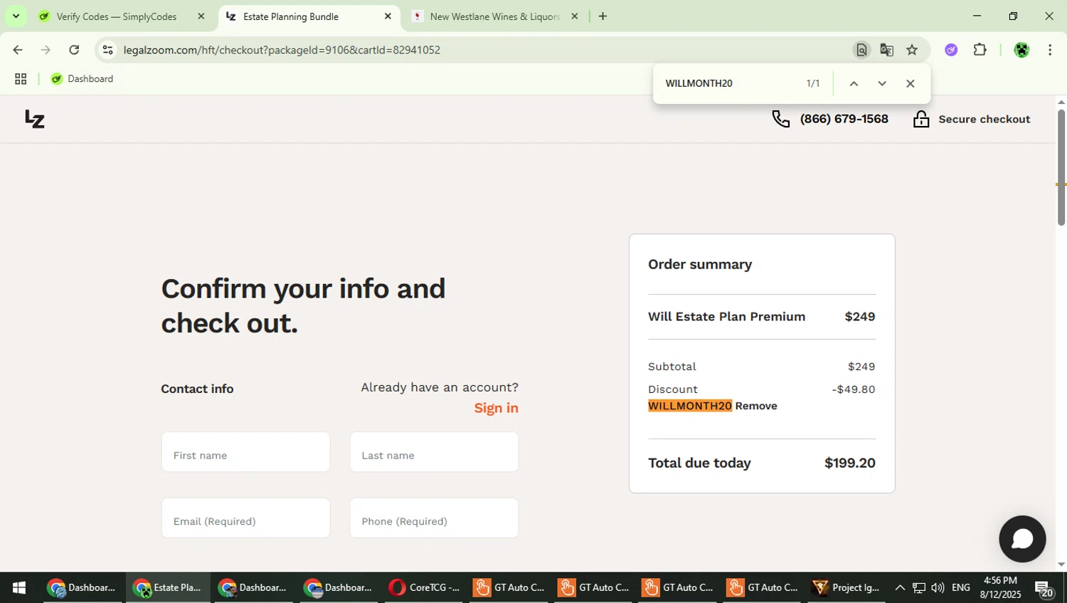 LegalZoom promo code screenshot showing code WILLMONTH20 applied at LegalZoom checkout page. Uploaded by SimplyCodes community member MaitoGai on Aug 12, 2025