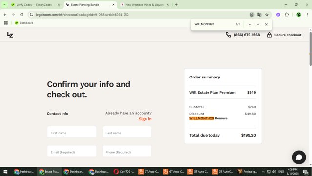 LegalZoom checkout page showing LegalZoom promo code box | Screenshot taken by SimplyCodes community member on Aug 12, 2025