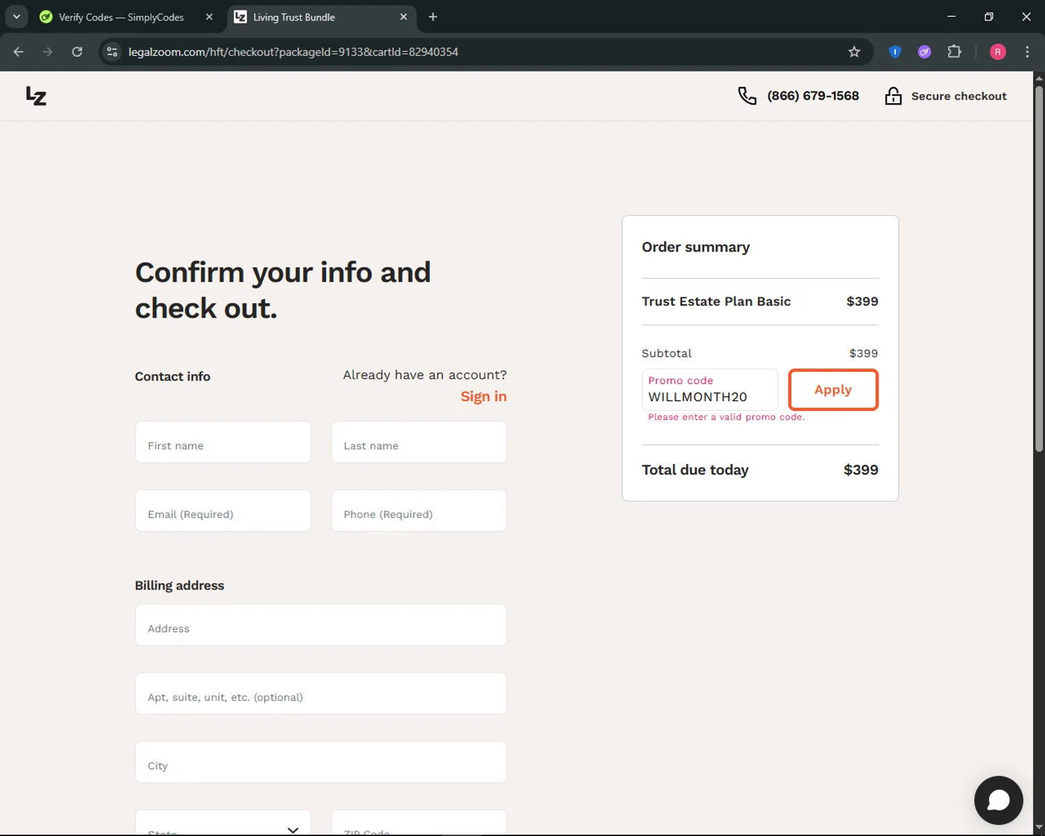 LegalZoom promo code screenshot showing code WILLMONTH20 applied at LegalZoom checkout page. Uploaded by SimplyCodes community member ThriftyGuardian8485 on Aug 12, 2025