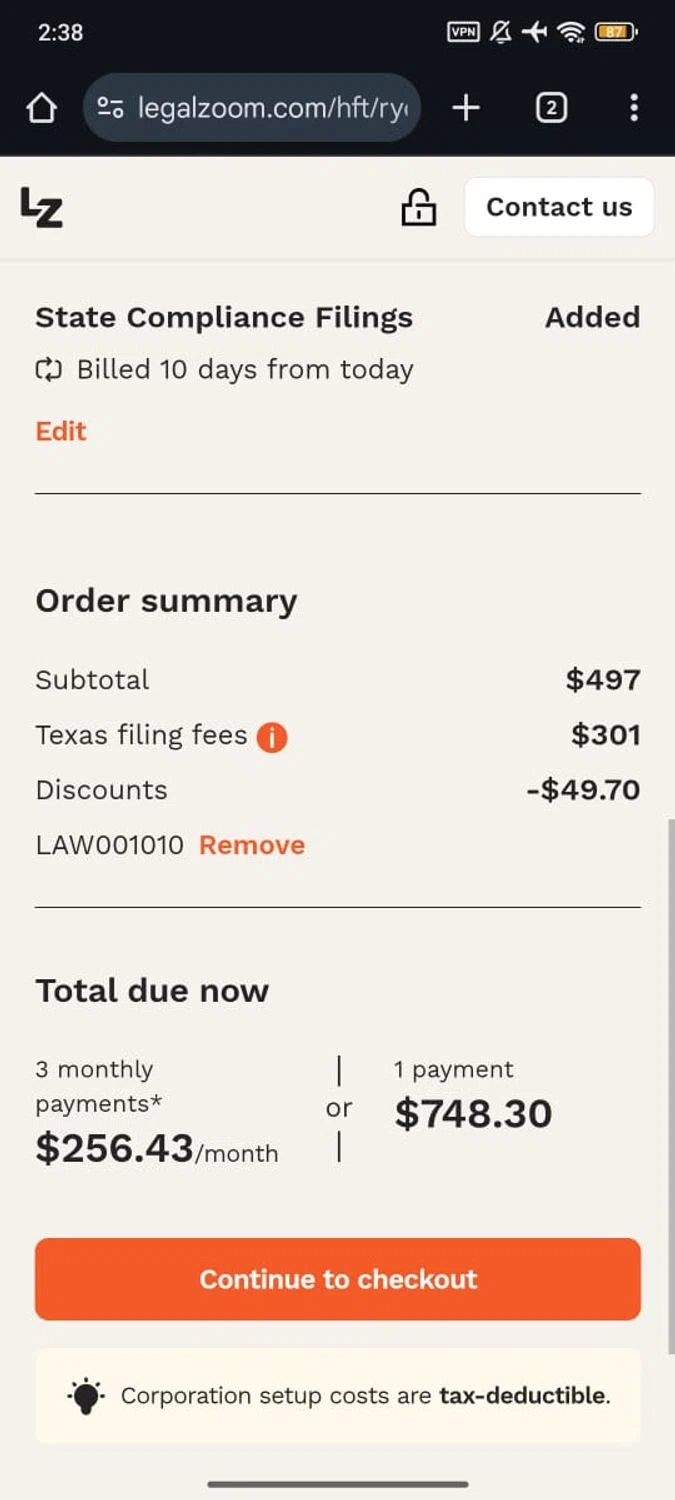 LegalZoom promo code screenshot showing code LAW001010 applied at LegalZoom checkout page. Uploaded by SimplyCodes community member RoyalSpotter5217 on Dec 21, 2025