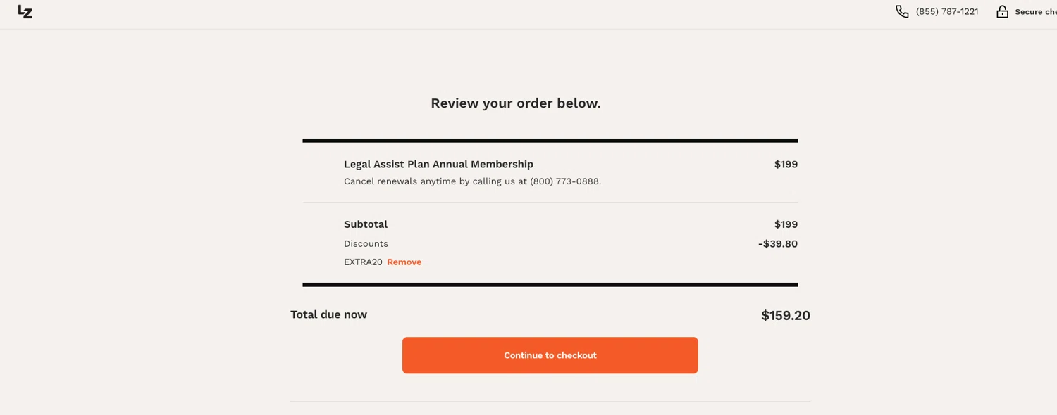 LegalZoom promo code screenshot showing code EXTRA20 applied at LegalZoom checkout page. Uploaded by SimplyCodes community member ELOIN777 on Jun 10, 2026