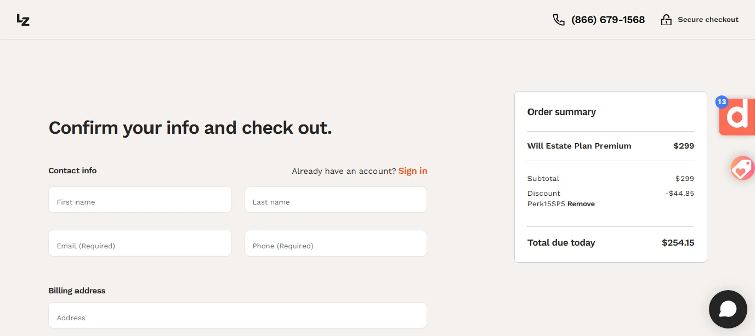 LegalZoom promo code screenshot showing code PERK15SP5 applied at LegalZoom checkout page. Uploaded by SimplyCodes community member ESTHER3121 on Jul 27, 2025