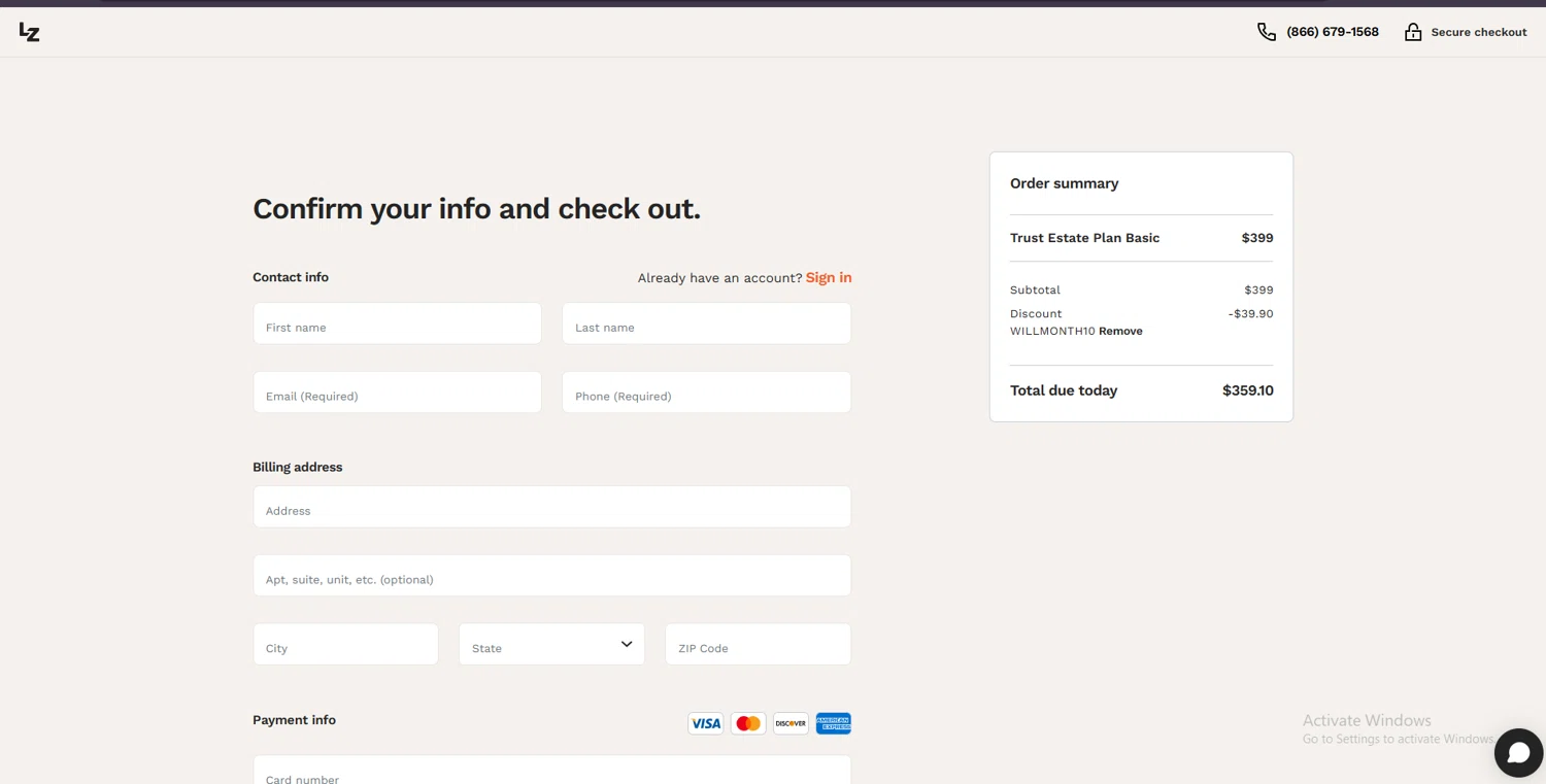 LegalZoom promo code screenshot showing code WILLMONTH10 applied at LegalZoom checkout page. Uploaded by SimplyCodes community member suppahdealz on Aug 21, 2025