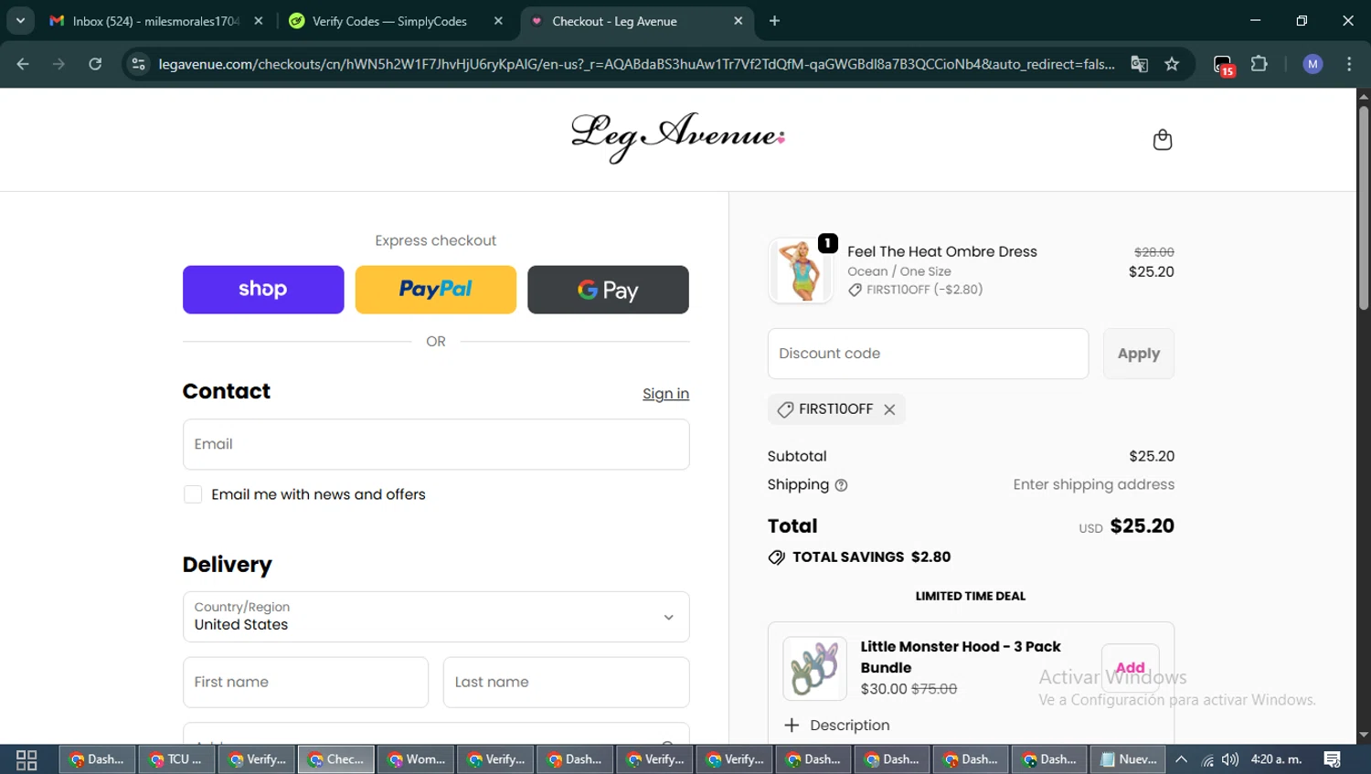 Leg Avenue discount code screenshot showing code FIRST10OFF applied at Leg Avenue checkout page. Uploaded by SimplyCodes community member PrimeFox5260 on Nov 25, 2025