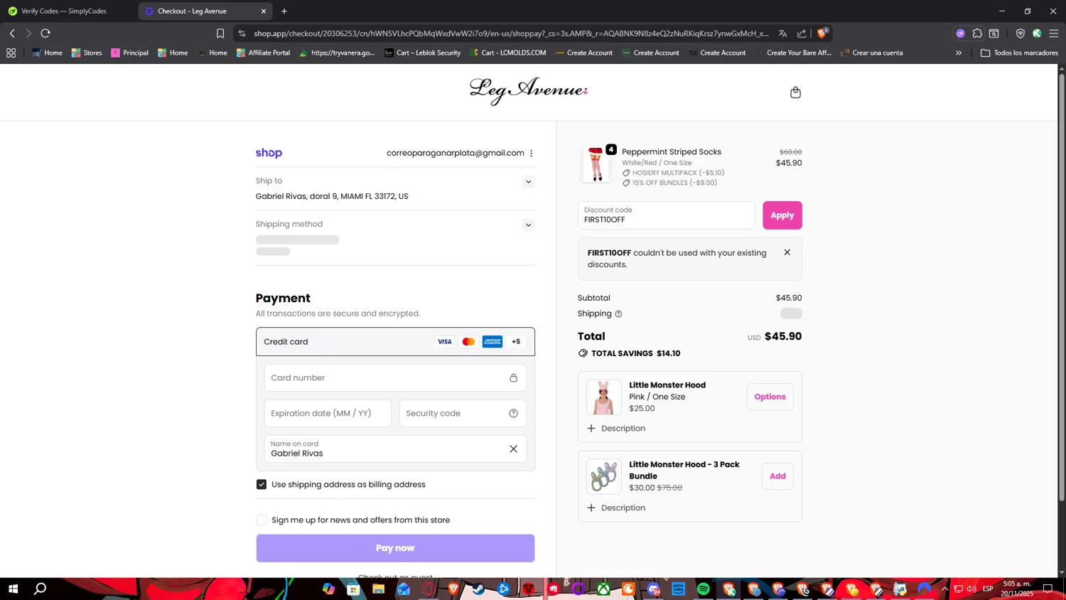 Leg Avenue discount code screenshot showing code FIRST10OFF applied at Leg Avenue checkout page. Uploaded by SimplyCodes community member Nulo0000 on Nov 20, 2025