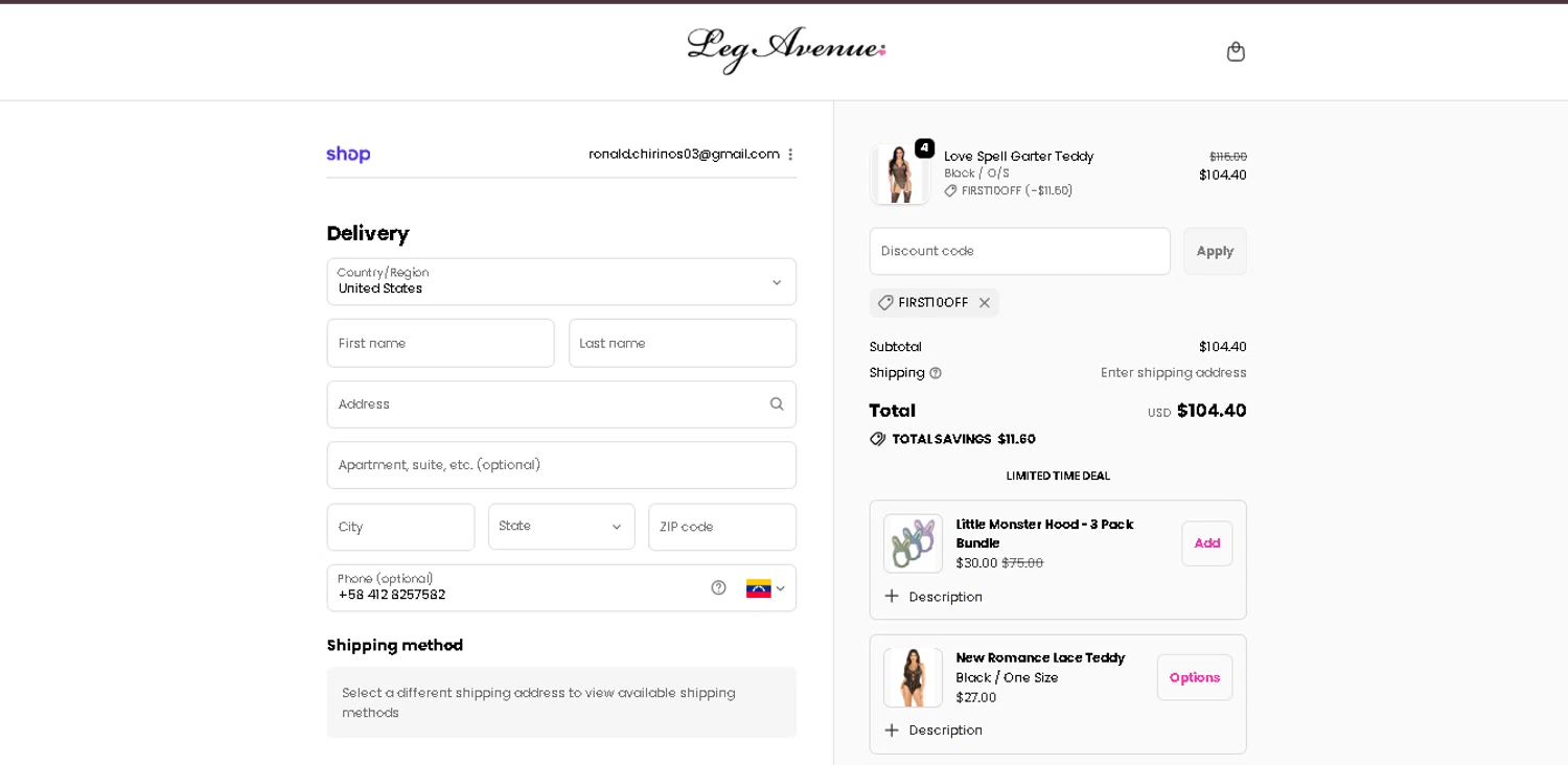 Leg Avenue discount code screenshot showing code FIRST10OFF applied at Leg Avenue checkout page. Uploaded by SimplyCodes community member ValiantMaverick169 on Dec 5, 2025