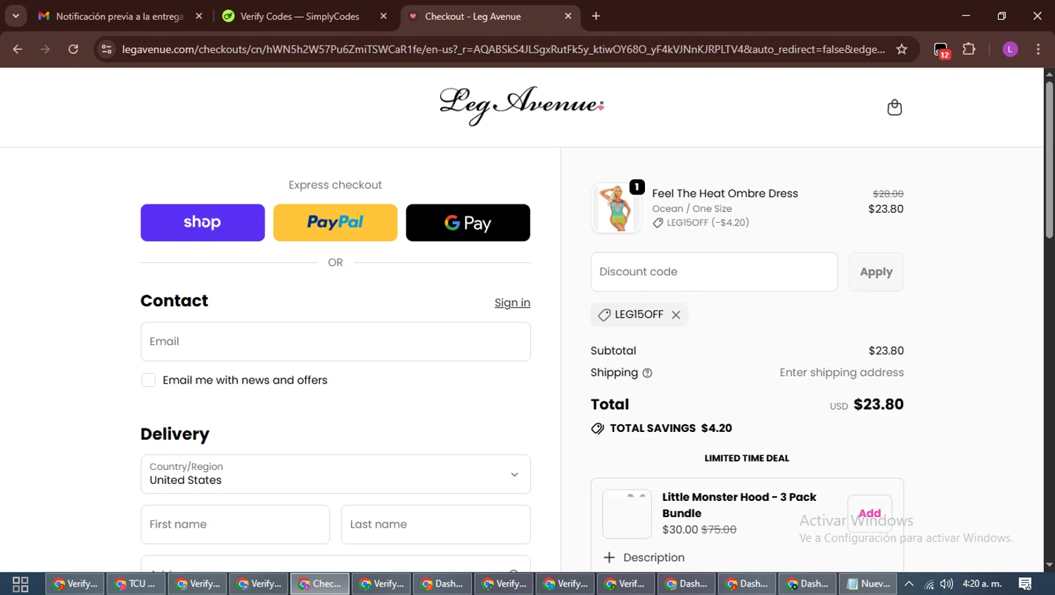 Leg Avenue discount code screenshot showing code LEG15OFF applied at Leg Avenue checkout page. Uploaded by SimplyCodes community member RewardScout5160 on Nov 25, 2025