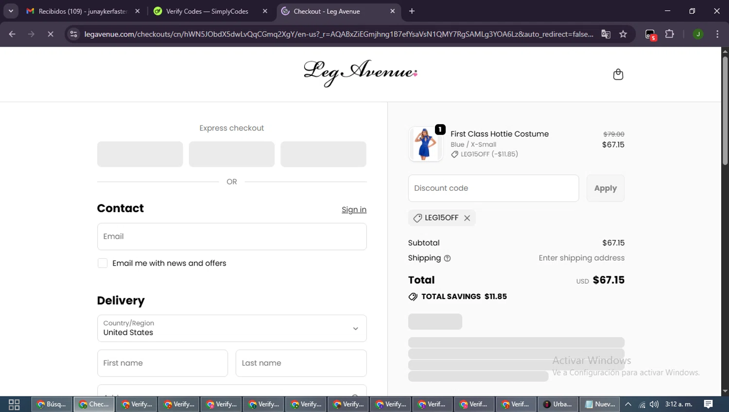 Leg Avenue discount code screenshot showing code LEG15OFF applied at Leg Avenue checkout page. Uploaded by SimplyCodes community member SmartLion6646 on Nov 15, 2025