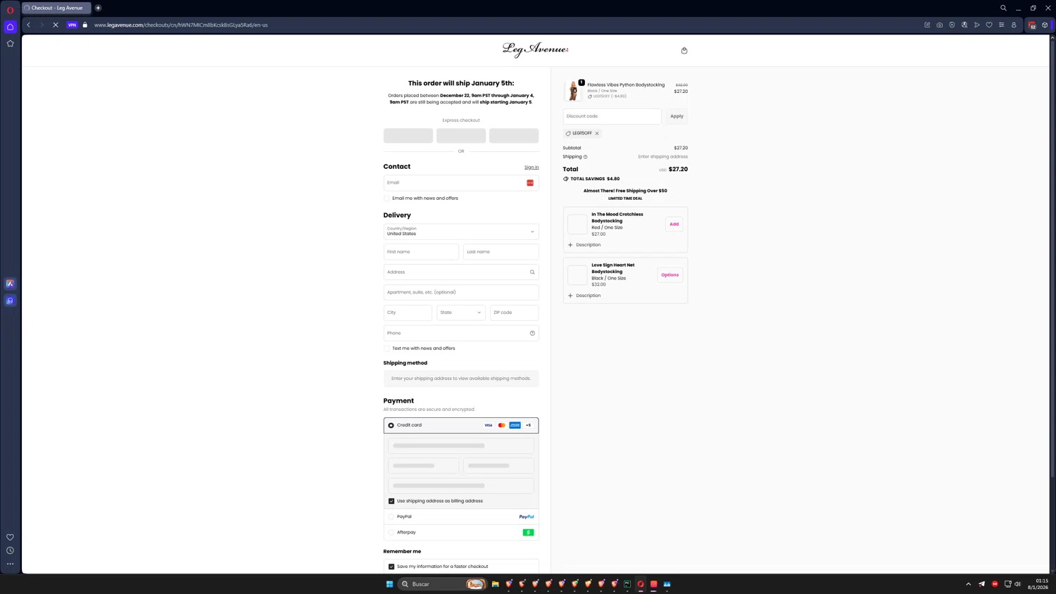 Leg Avenue discount code screenshot showing code LEG15OFF applied at Leg Avenue checkout page. Uploaded by SimplyCodes community member NeonVoyager3321 on Jan 8, 2026