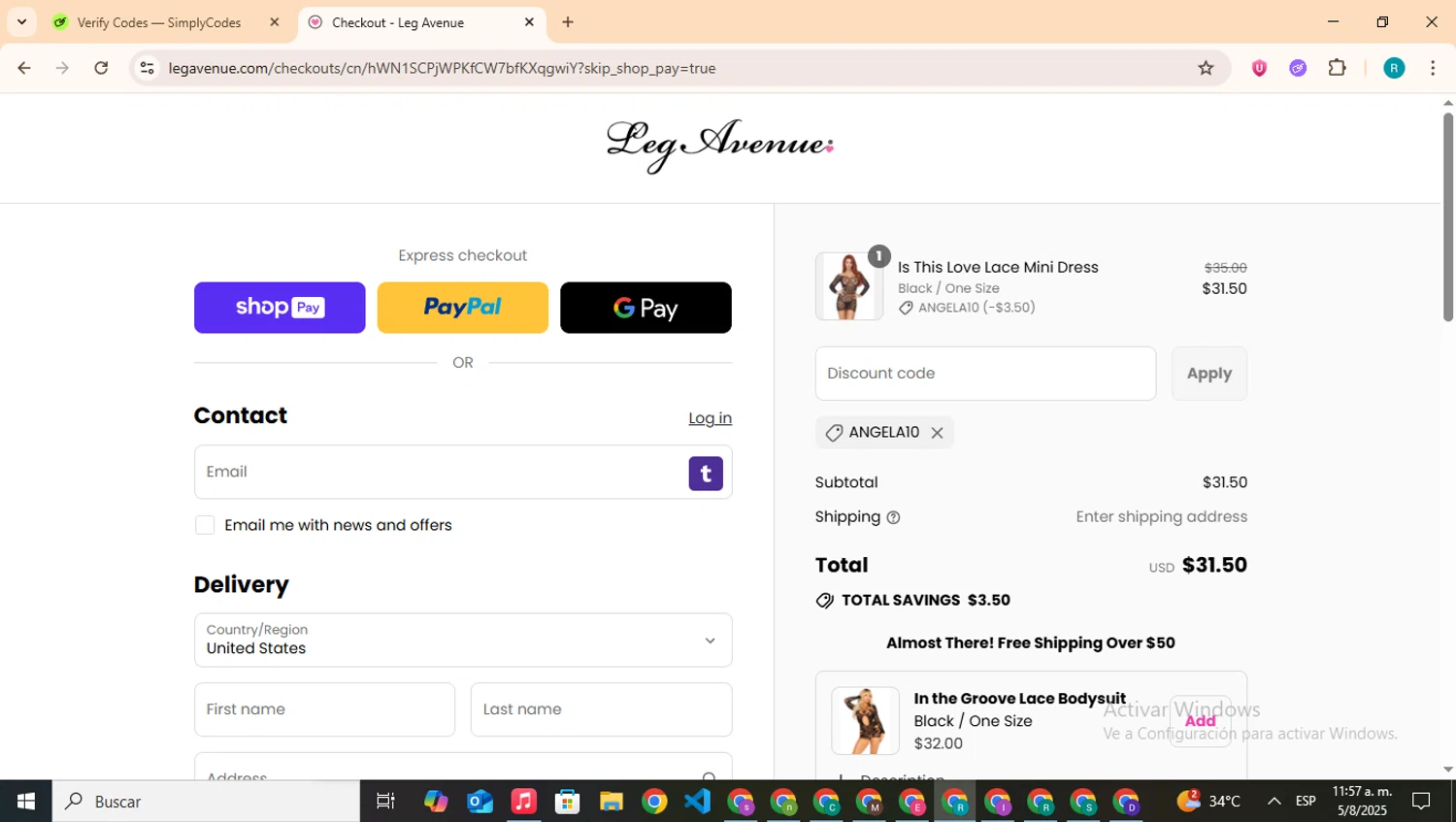 Leg Avenue discount code screenshot showing code angela10 applied at Leg Avenue checkout page. Uploaded by SimplyCodes community member BudgetHero4407 on Aug 5, 2025