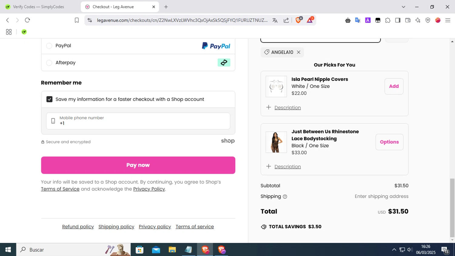 Leg Avenue discount code screenshot showing code angela10 applied at Leg Avenue checkout page. Uploaded by SimplyCodes community member FrugalKnight7213 on Mar 6, 2025