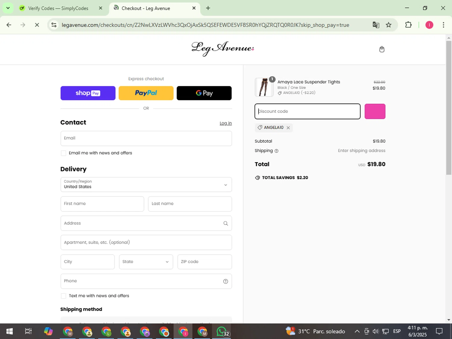 Leg Avenue discount code screenshot showing code angela10 applied at Leg Avenue checkout page. Uploaded by SimplyCodes community member FortunateExpert1626 on Mar 6, 2025