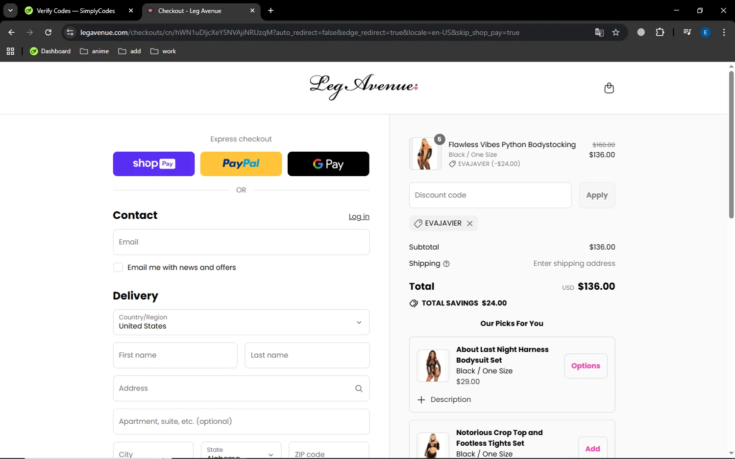 Leg Avenue discount code screenshot showing code EVAJAVIER applied at Leg Avenue checkout page. Uploaded by SimplyCodes community member GoldSaver5472 on Aug 17, 2025