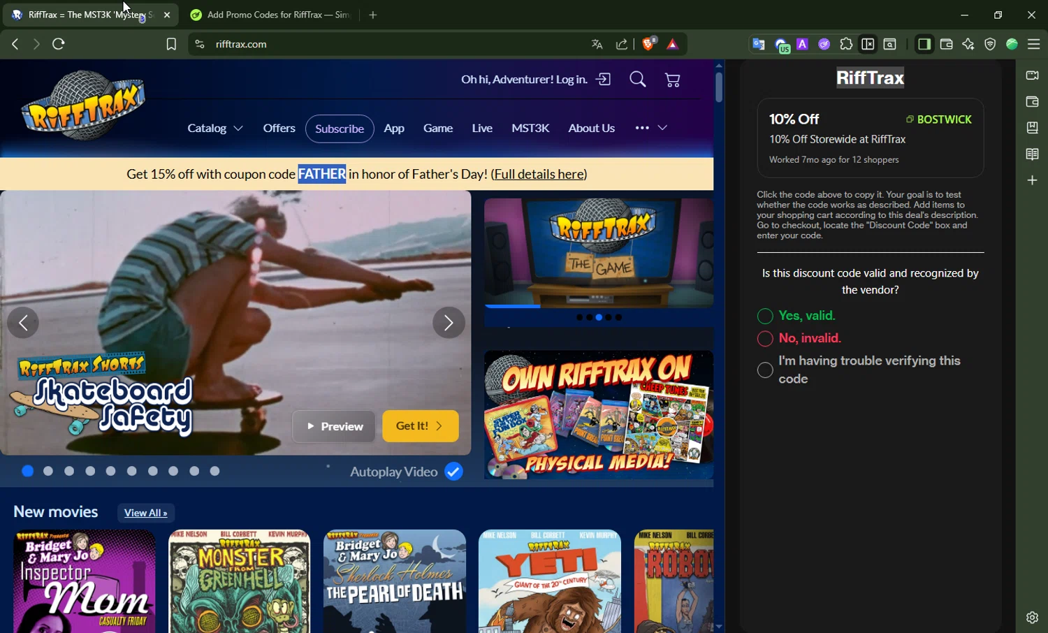 RiffTrax promo code screenshot showing code FATHER applied at RiffTrax checkout page. Uploaded by SimplyCodes community member SavingsWhiz9509 on Jun 20, 2026